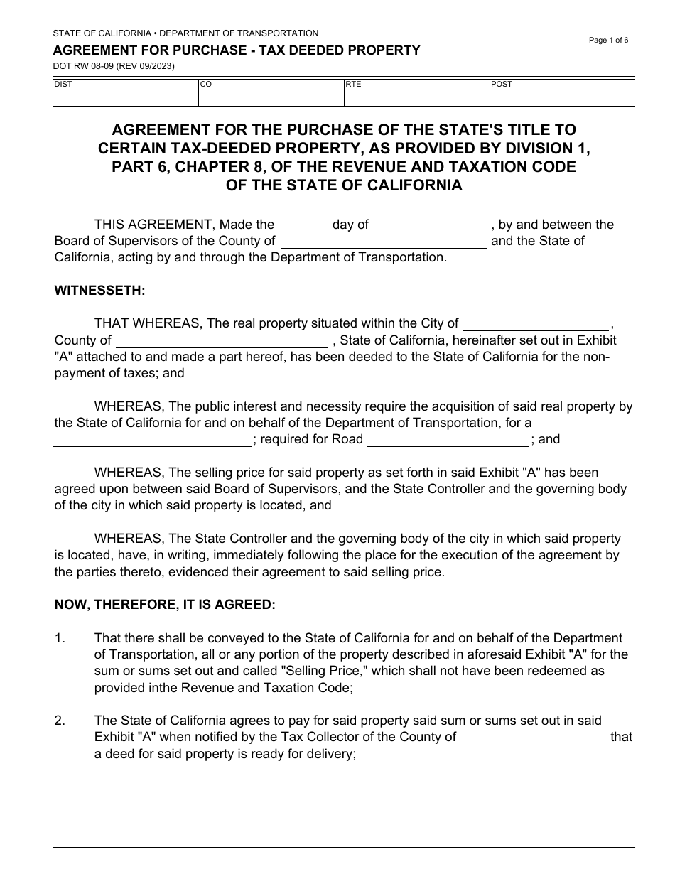 Form DOT RW08-09 Agreement for Purchase - Tax Deeded Property - California, Page 1