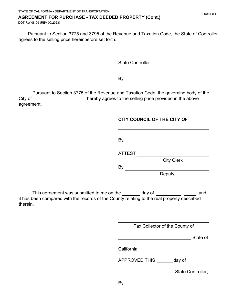 Form DOT RW08-09 Agreement for Purchase - Tax Deeded Property - California, Page 3