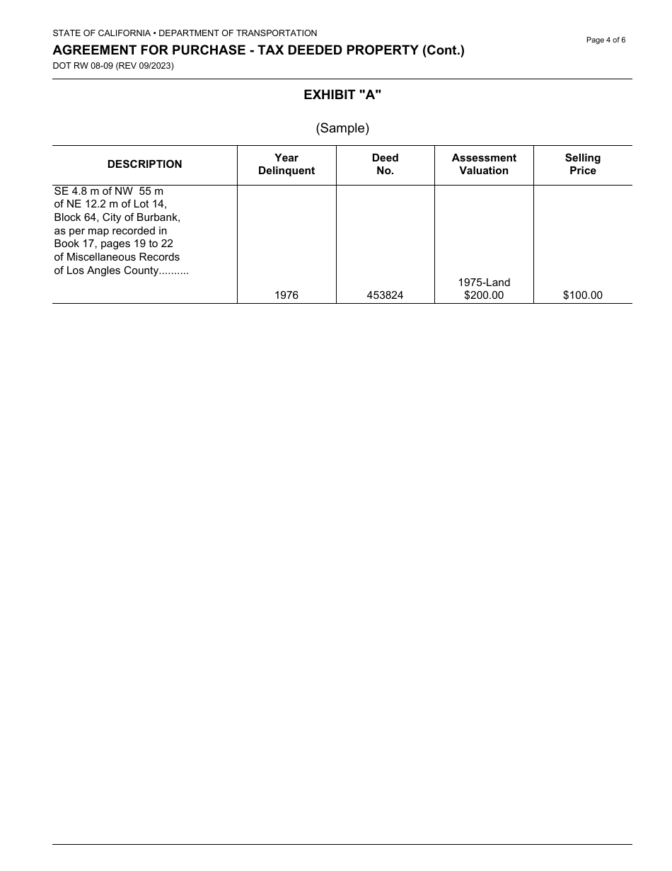 Form DOT RW08-09 Agreement for Purchase - Tax Deeded Property - California, Page 4