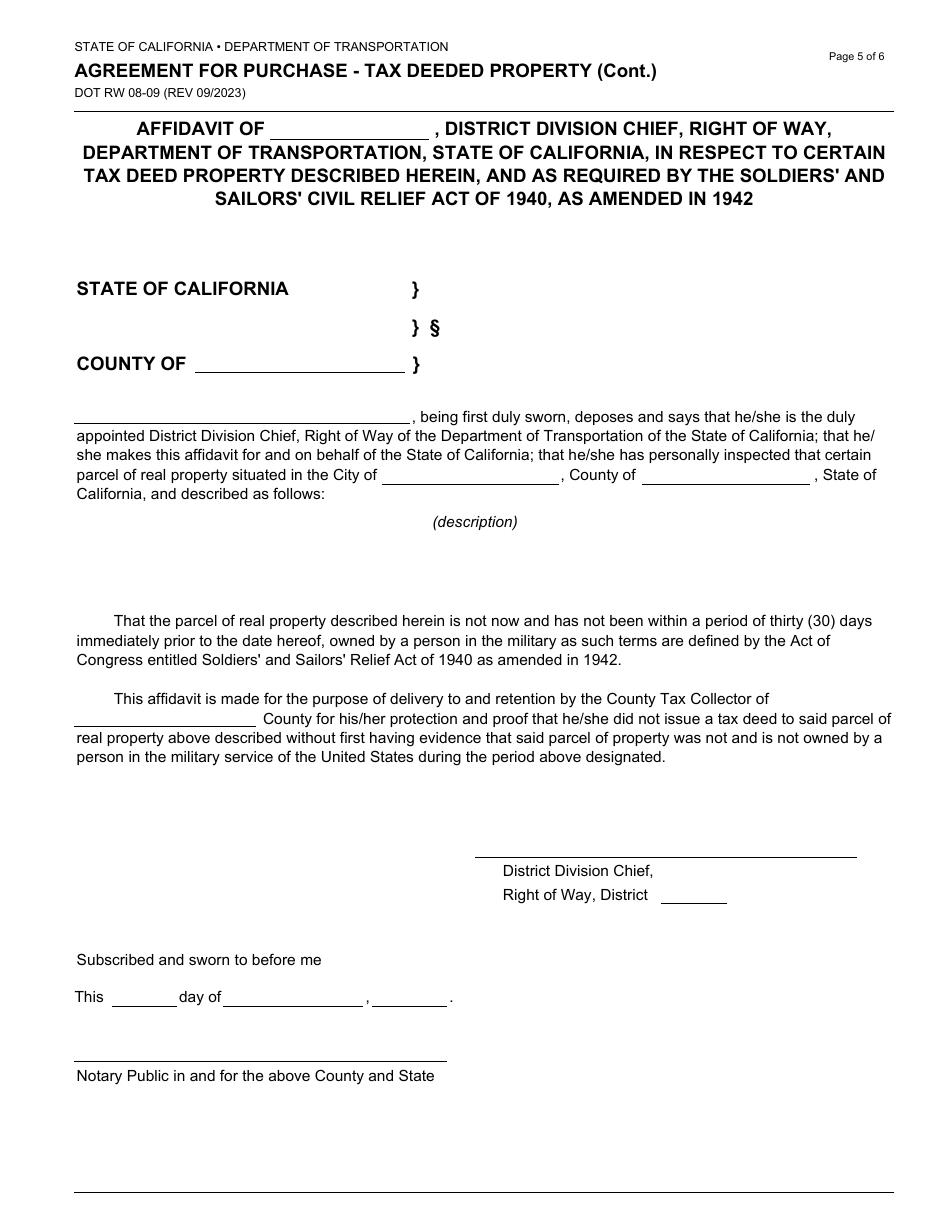 Form DOT RW08-09 Agreement for Purchase - Tax Deeded Property - California, Page 5