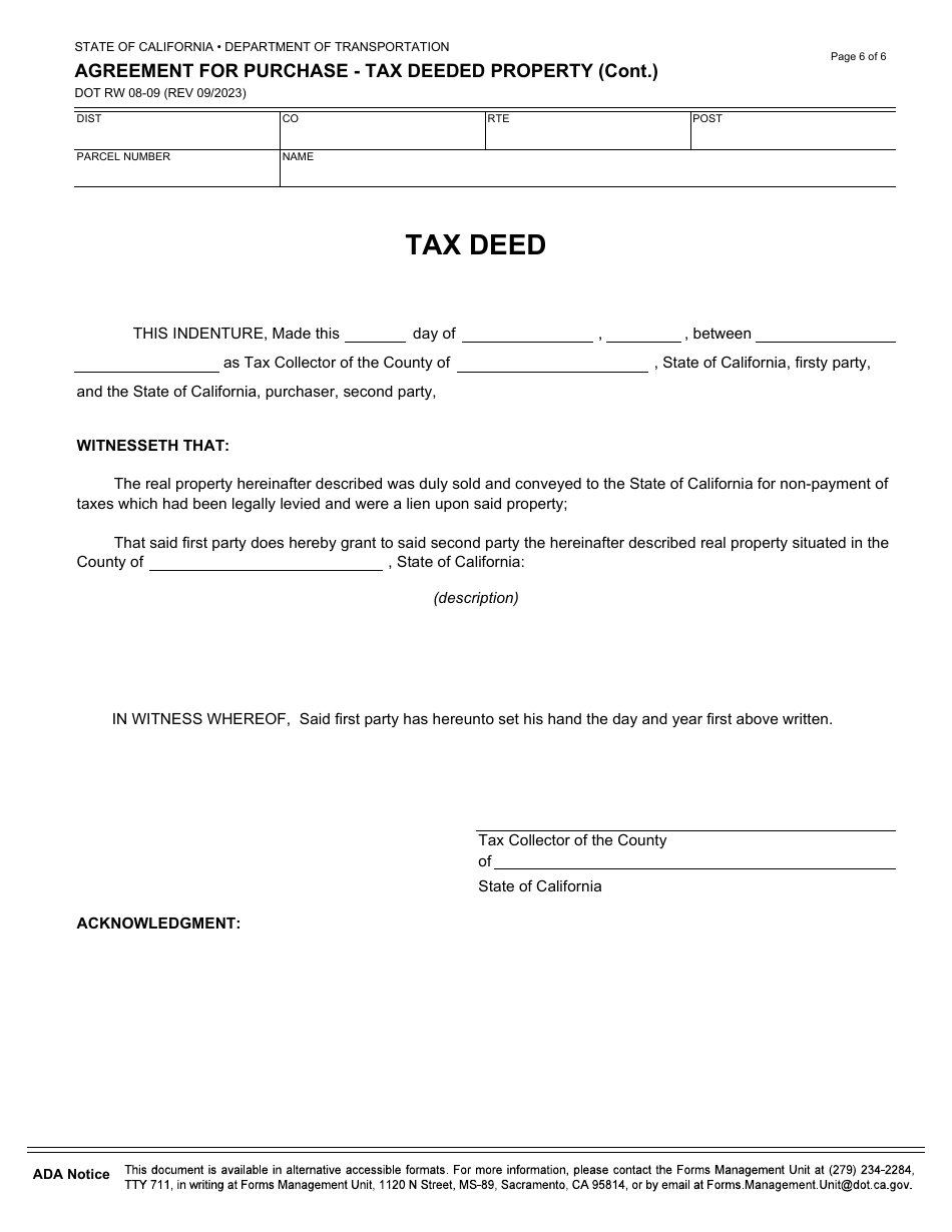 Form DOT RW08-09 Agreement for Purchase - Tax Deeded Property - California, Page 6
