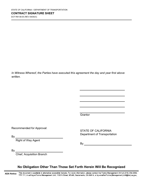 Form DOT RW08-05 Contract Signature Sheet - California