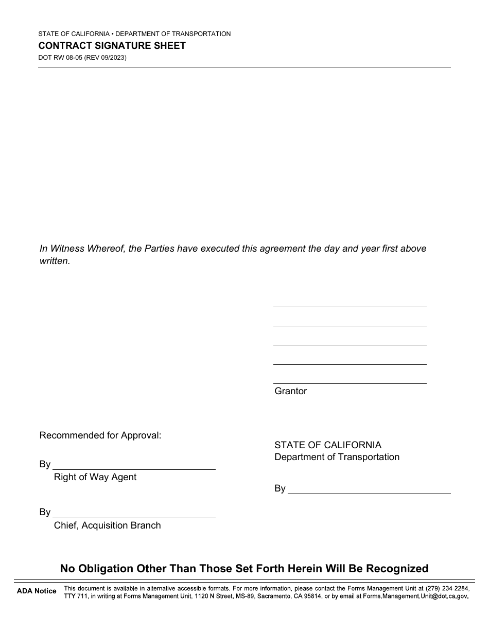Form DOT RW08-05 Contract Signature Sheet - California, Page 1