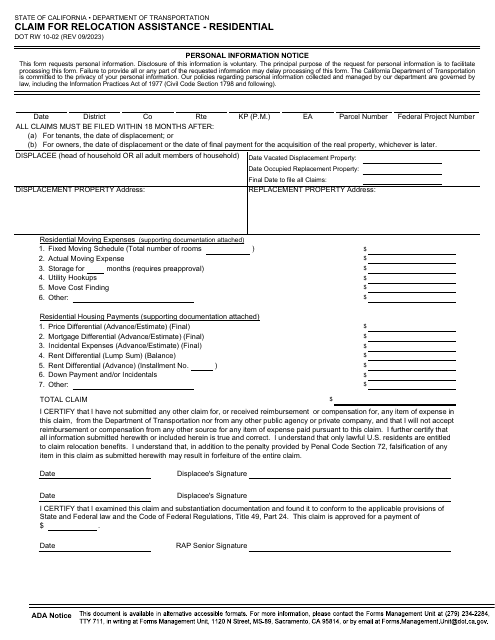 Form DOT RW10-02 Claim for Relocation Assistance - Residential - California