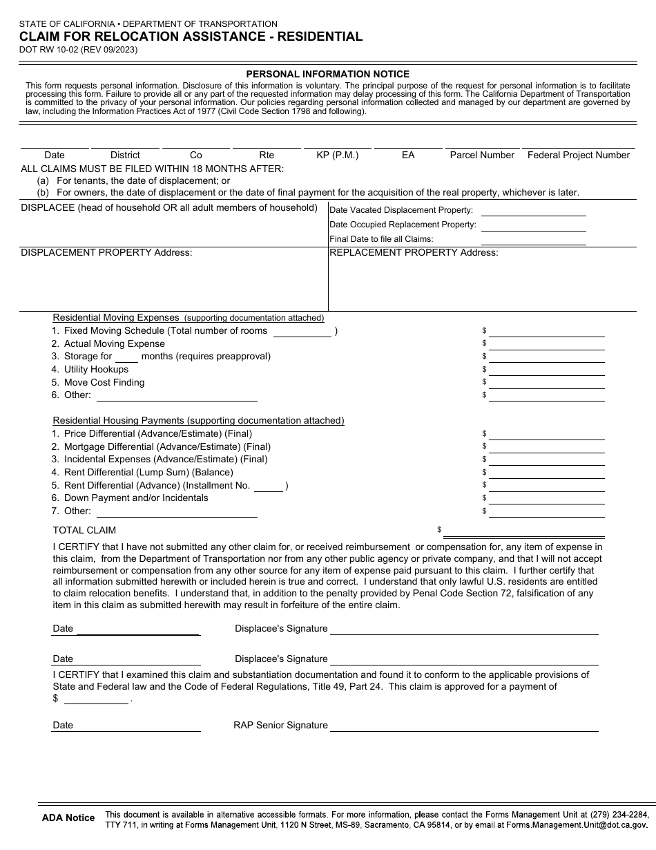 Form DOT RW10-02 Claim for Relocation Assistance - Residential - California, Page 1