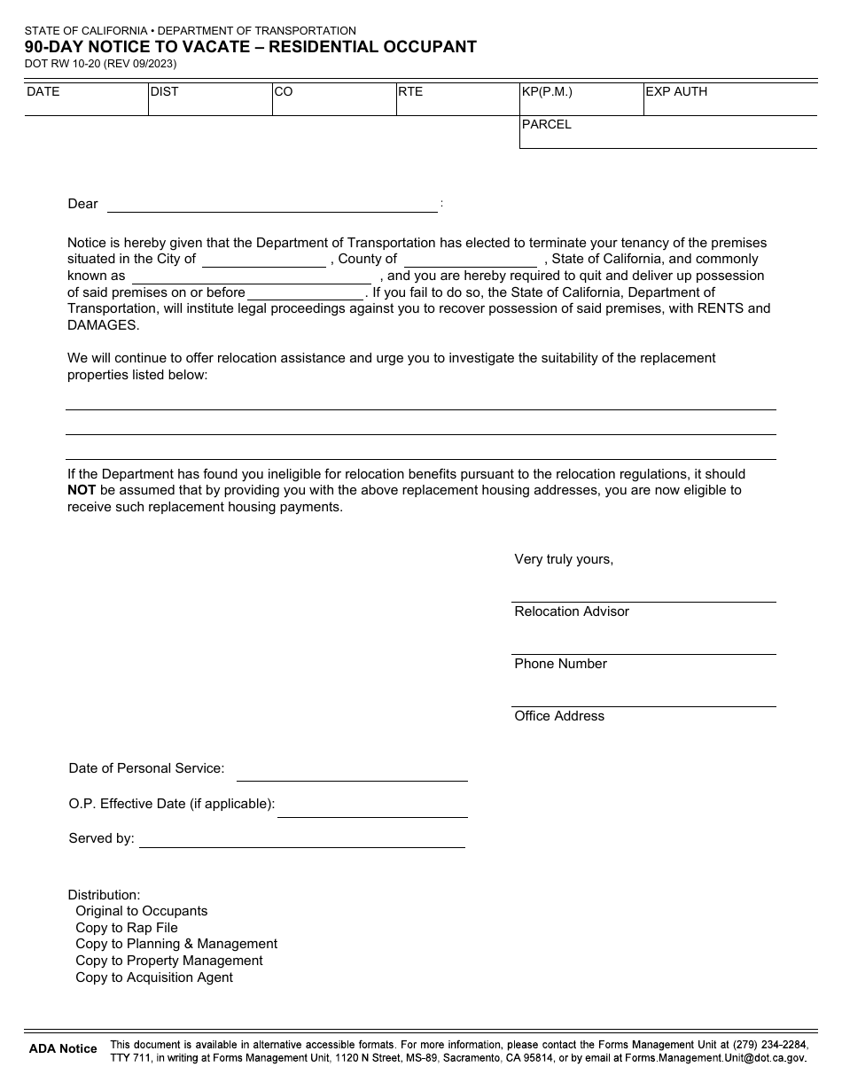 Form DOT RW10-20 90-day Notice to Vacate - Residential Occupant - California, Page 1