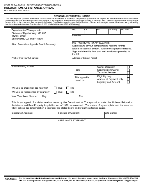 Form DOT RW10-06 Relocation Assistance Appeal - California