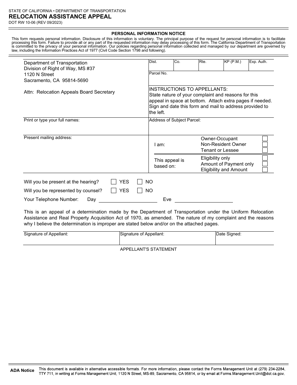 Form DOT RW10-06 Relocation Assistance Appeal - California, Page 1