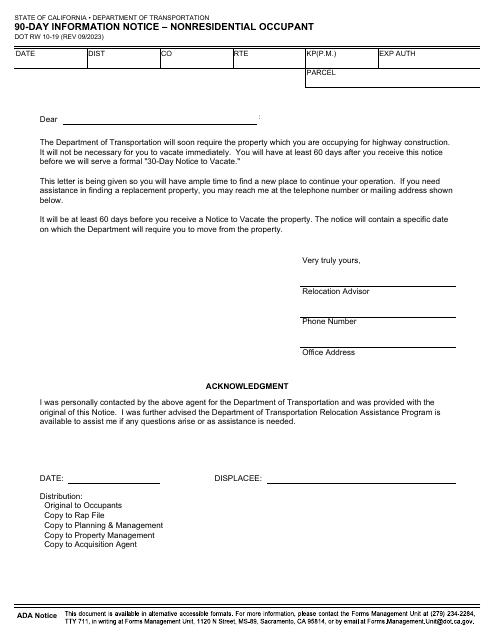 Form DOT RW10-19 90-day Information Notice - Nonresidential Occupant - California
