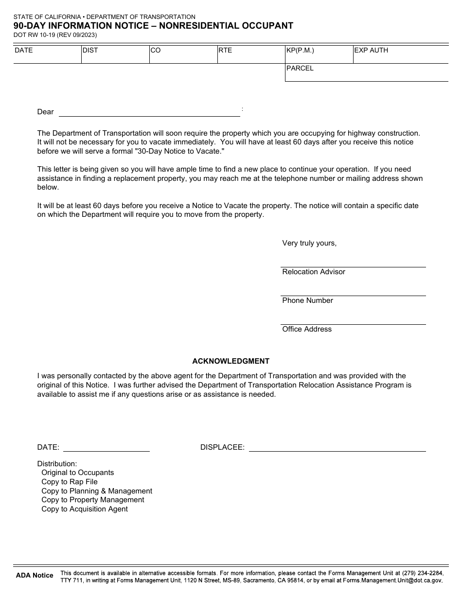 Form DOT RW10-19 90-day Information Notice - Nonresidential Occupant - California, Page 1