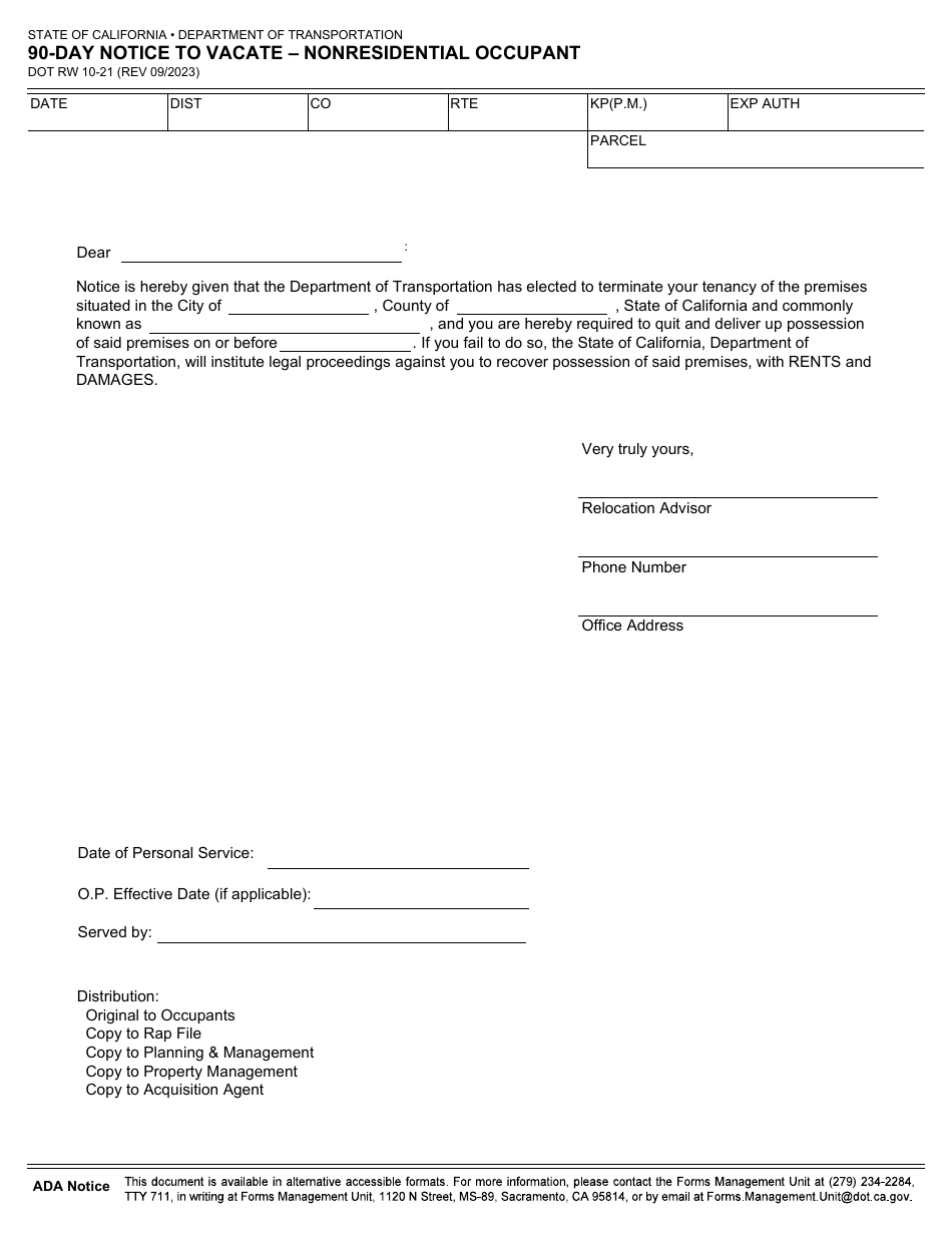 Form DOT RW10-21 90-day Notice to Vacate - Nonresidential Occupant - California, Page 1