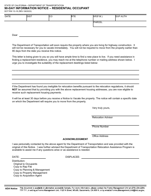 Form DOT RW10-18 90-day Information Notice - Residential Occupant - California