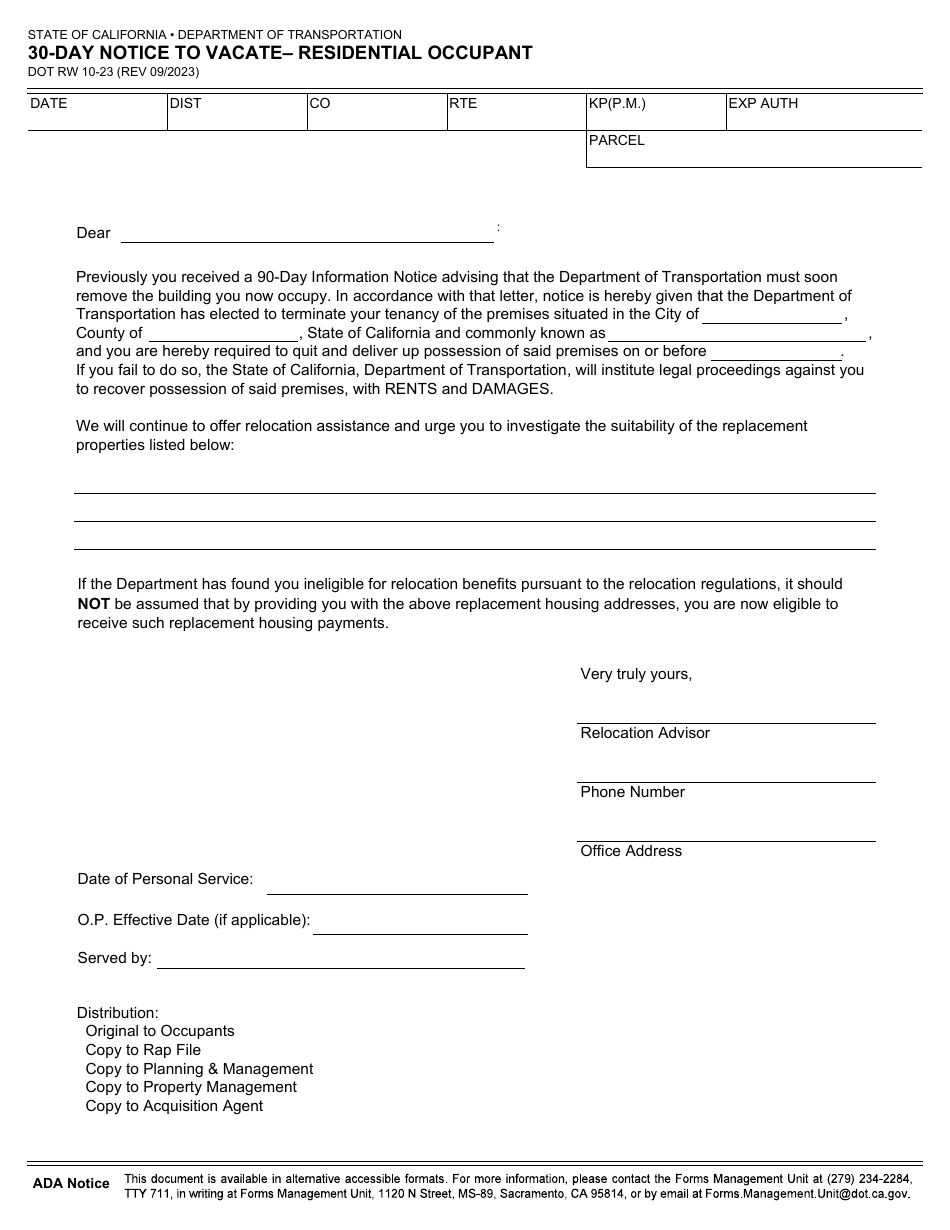 Form DOT RW10-23 30-day Notice to Vacate - Residential Occupant - California, Page 1