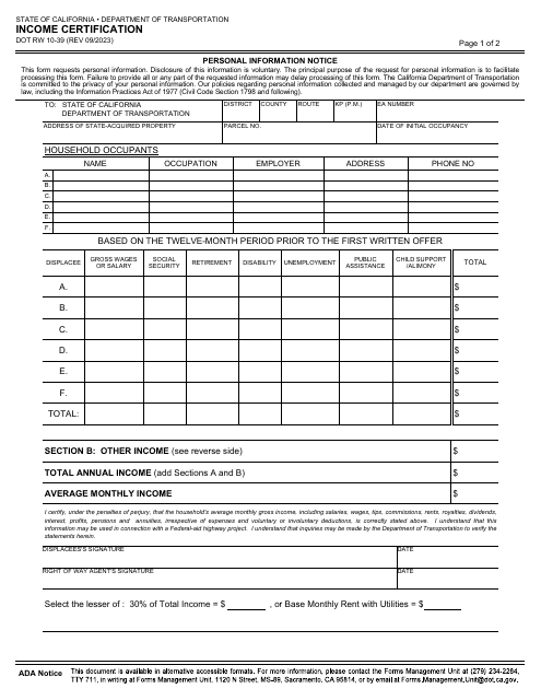 Form DOT RW10-39 Income Certification - California