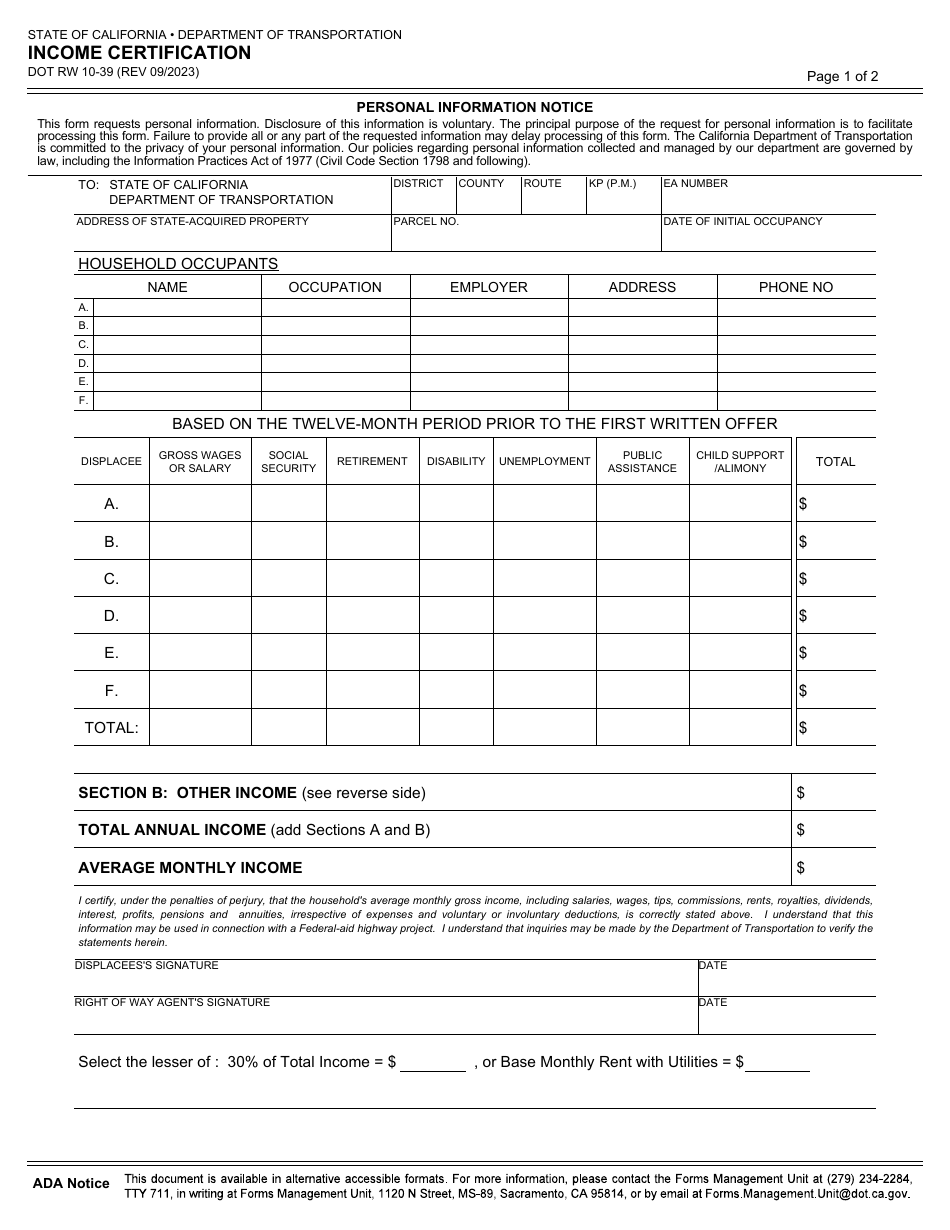 Form DOT RW10-39 Income Certification - California, Page 1