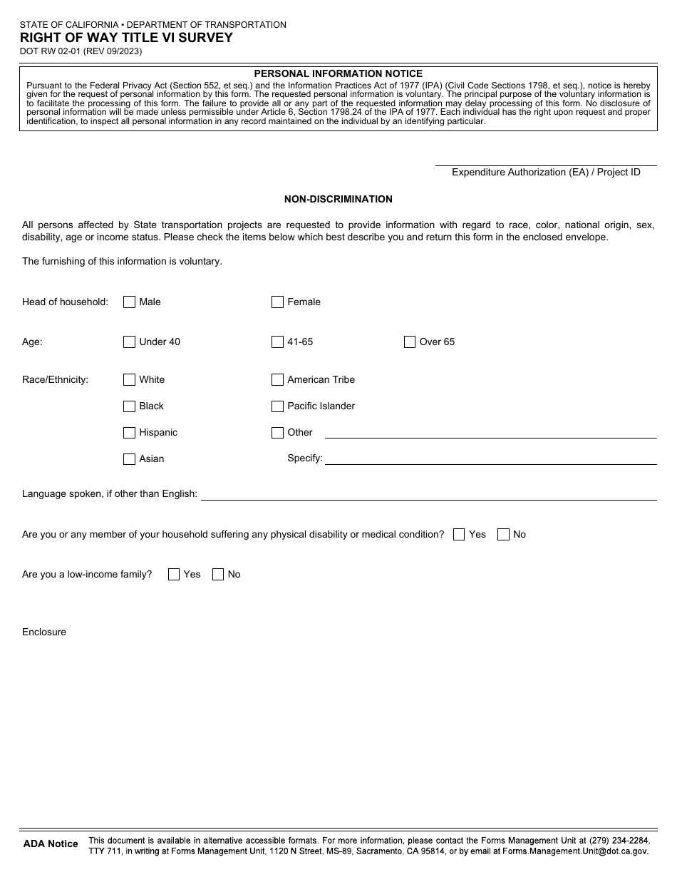 Form DOT RW02-01 Right of Way Title VI Survey - California, Page 1