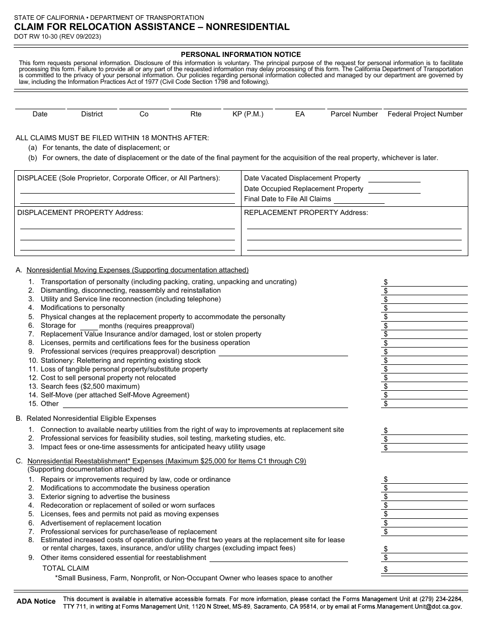 Form DOT RW10-30 Claim for Relocation Assistance - Nonresidential - California, Page 1