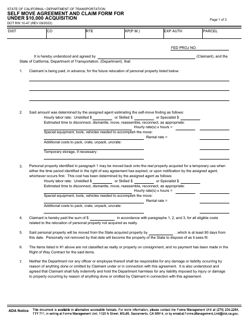 Form DOT RW10-47 Self Move Agreement and Claim Form for Under $10,000 Acquisition - California