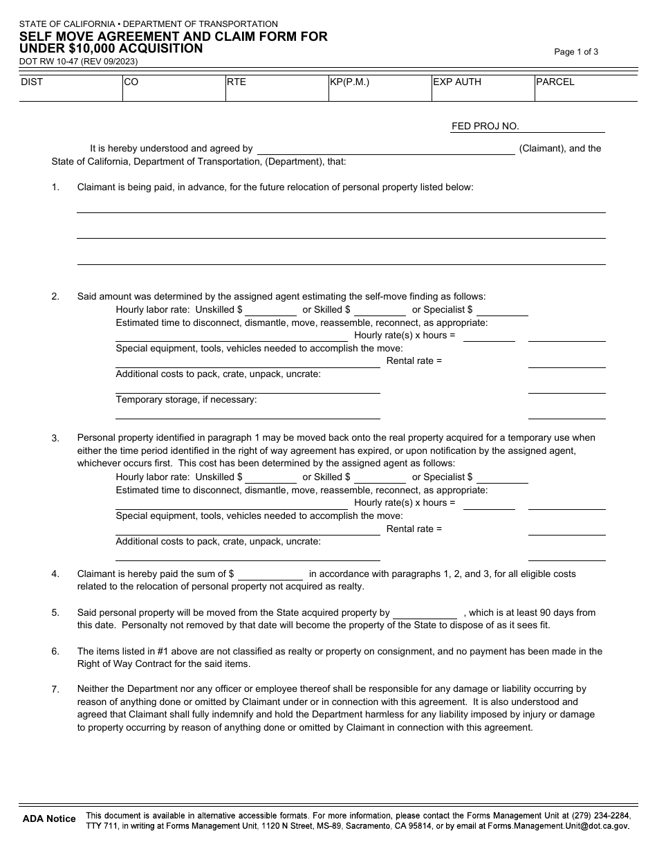 Form DOT RW10-47 Self Move Agreement and Claim Form for Under $10,000 Acquisition - California, Page 1
