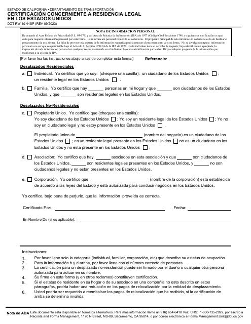Formulario DOT RW10-44SP Certificacion Concerniente a Residencia Legal En Los Estados Unidos - California (Spanish)