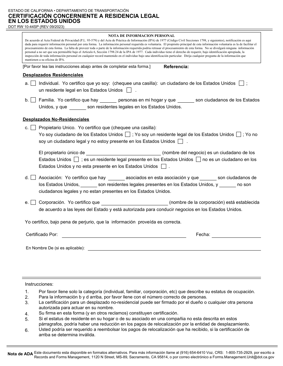 Formulario DOT RW10-44SP Certificacion Concerniente a Residencia Legal En Los Estados Unidos - California (Spanish), Page 1