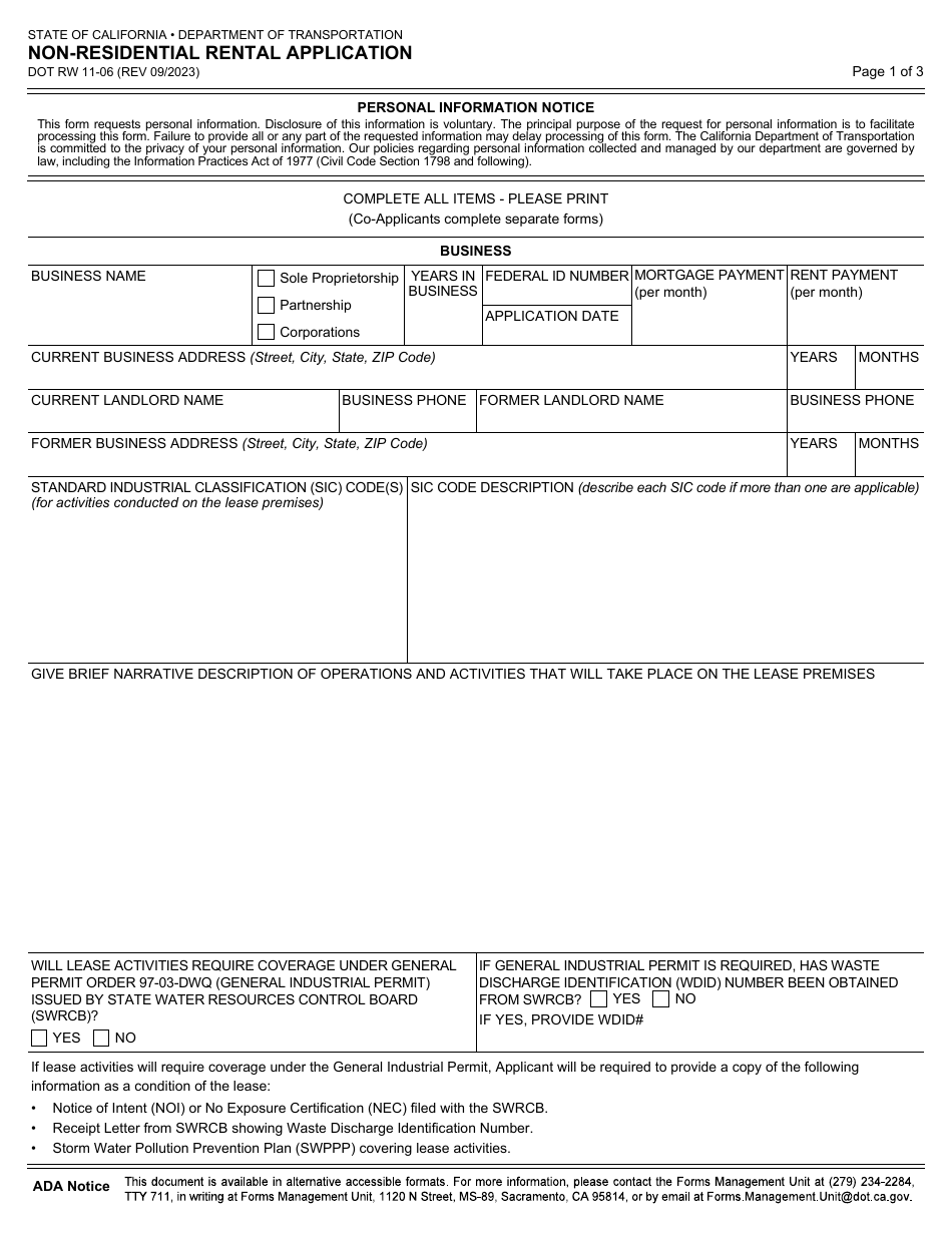 Form DOT RW11-06 Non-residential Rental Application - California, Page 1