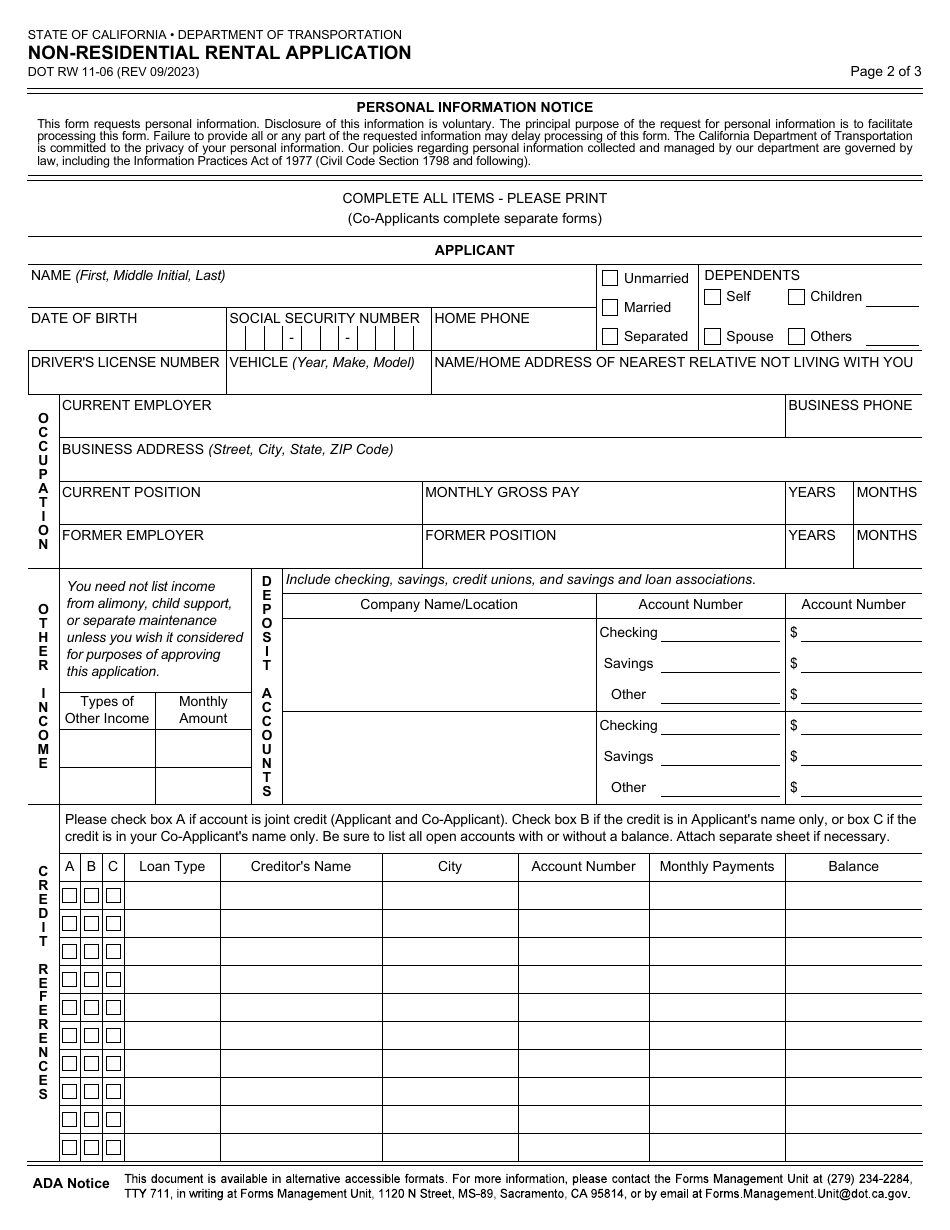 Form DOT RW11-06 Non-residential Rental Application - California, Page 2