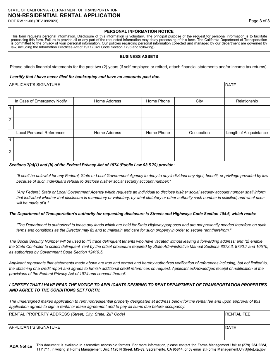 Form DOT RW11-06 Non-residential Rental Application - California, Page 3
