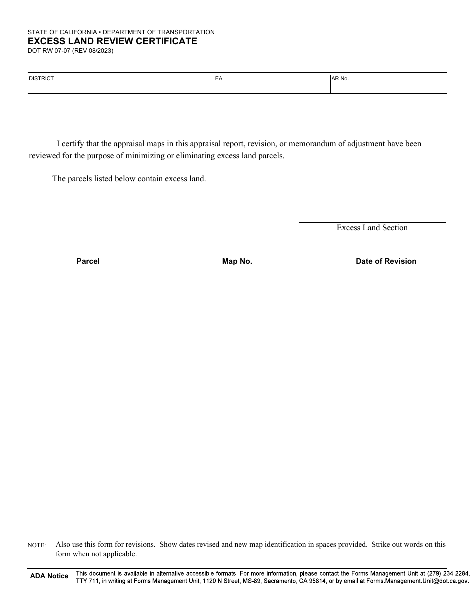 Form DOT RW07-07 Excess Land Review Certificate - California, Page 1