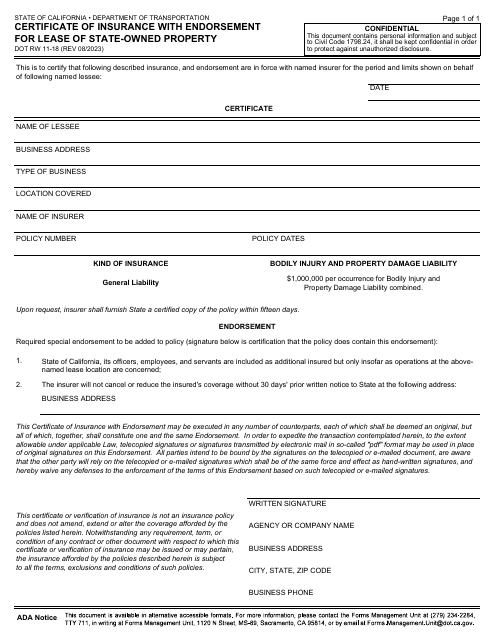 Form DOT RW11-18 Certificate of Insurance With Endorsement for Lease of State-Owned Property - California