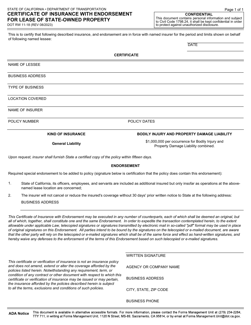 Form DOT RW11-18 Certificate of Insurance With Endorsement for Lease of State-Owned Property - California, Page 1