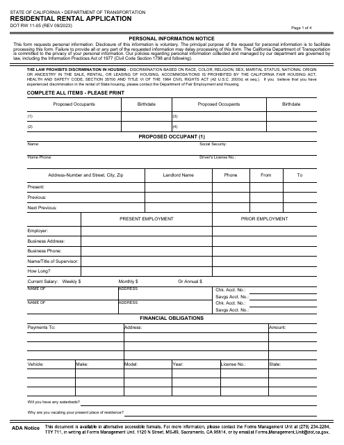 Form DOT RW11-05 Residential Rental Application - California