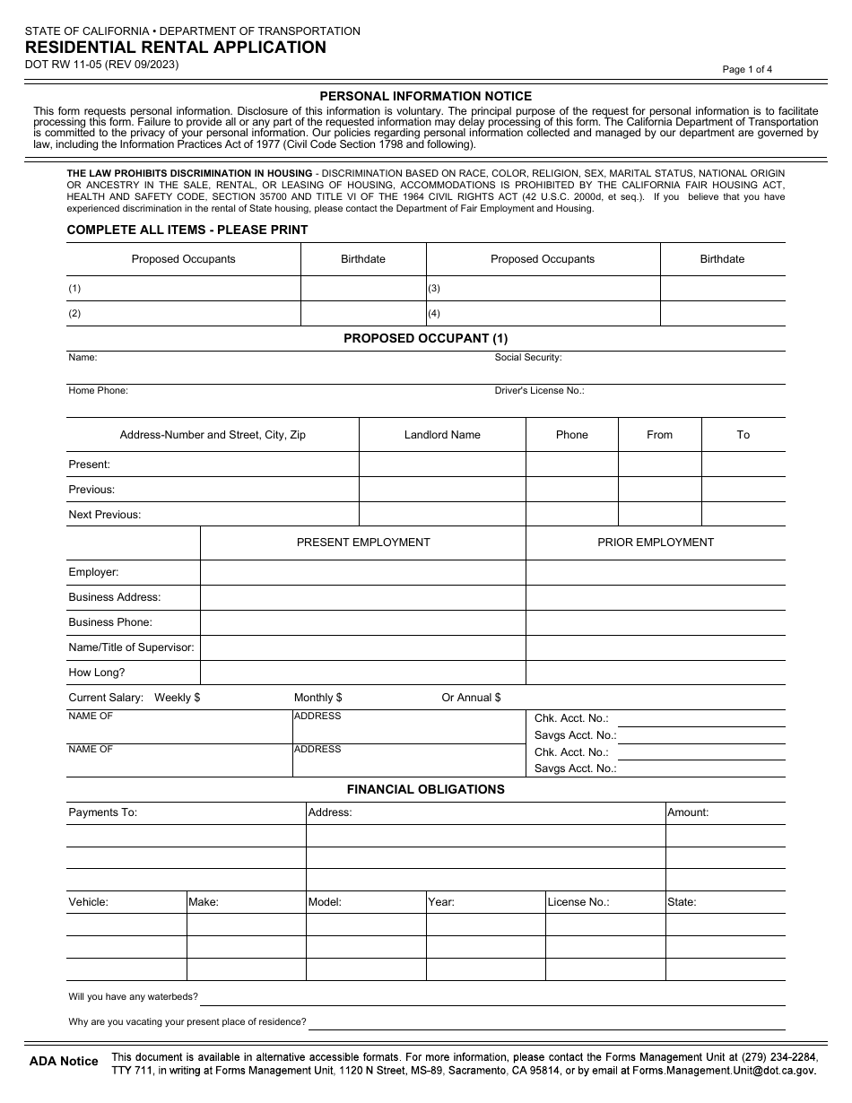 Form DOT RW11-05 Residential Rental Application - California, Page 1