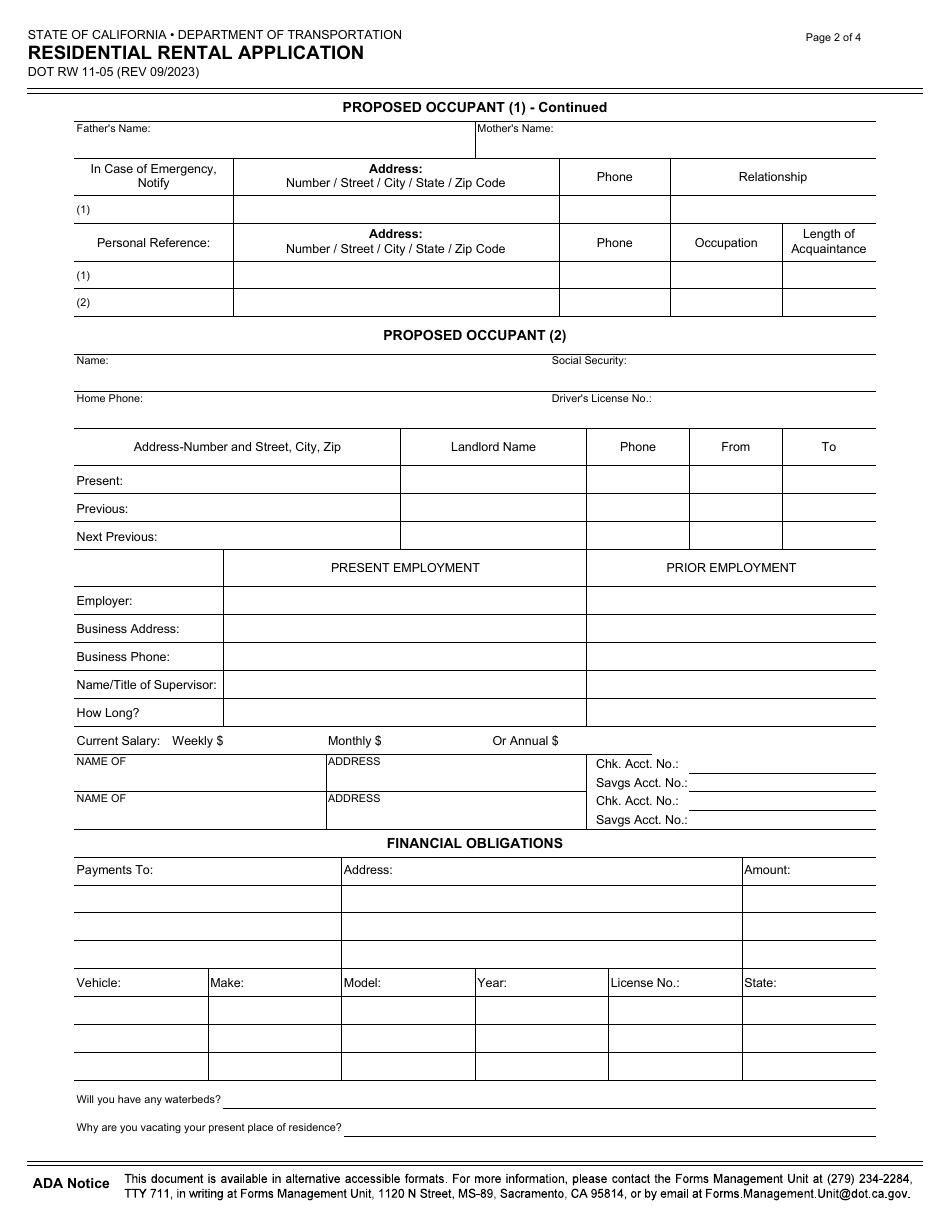 Form DOT RW11-05 Residential Rental Application - California, Page 2