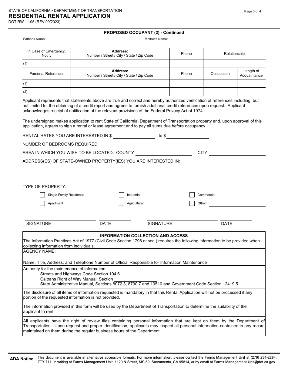 Form DOT RW11-05 Residential Rental Application - California, Page 3