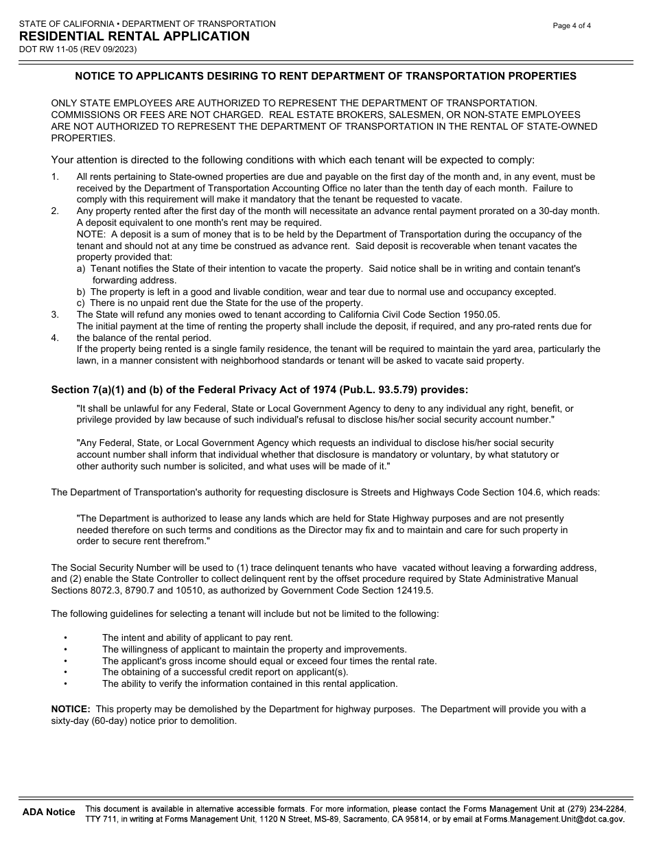 Form DOT RW11-05 Residential Rental Application - California, Page 4