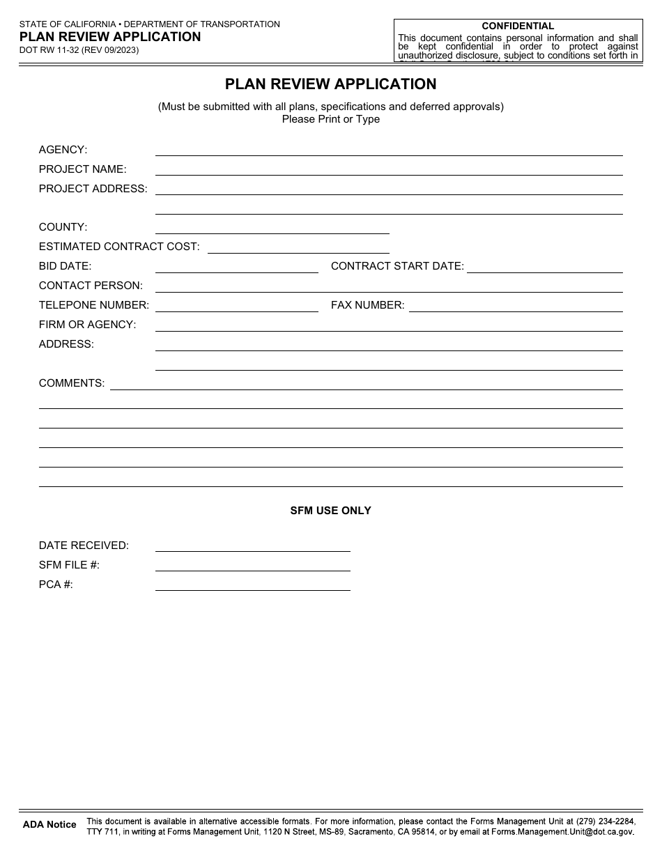 Form DOT RW11-32 Plan Review Application - California, Page 1