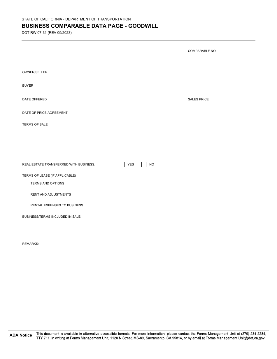 Form DOT RW07-31 Business Comparable Data Page - Goodwill - California, Page 1