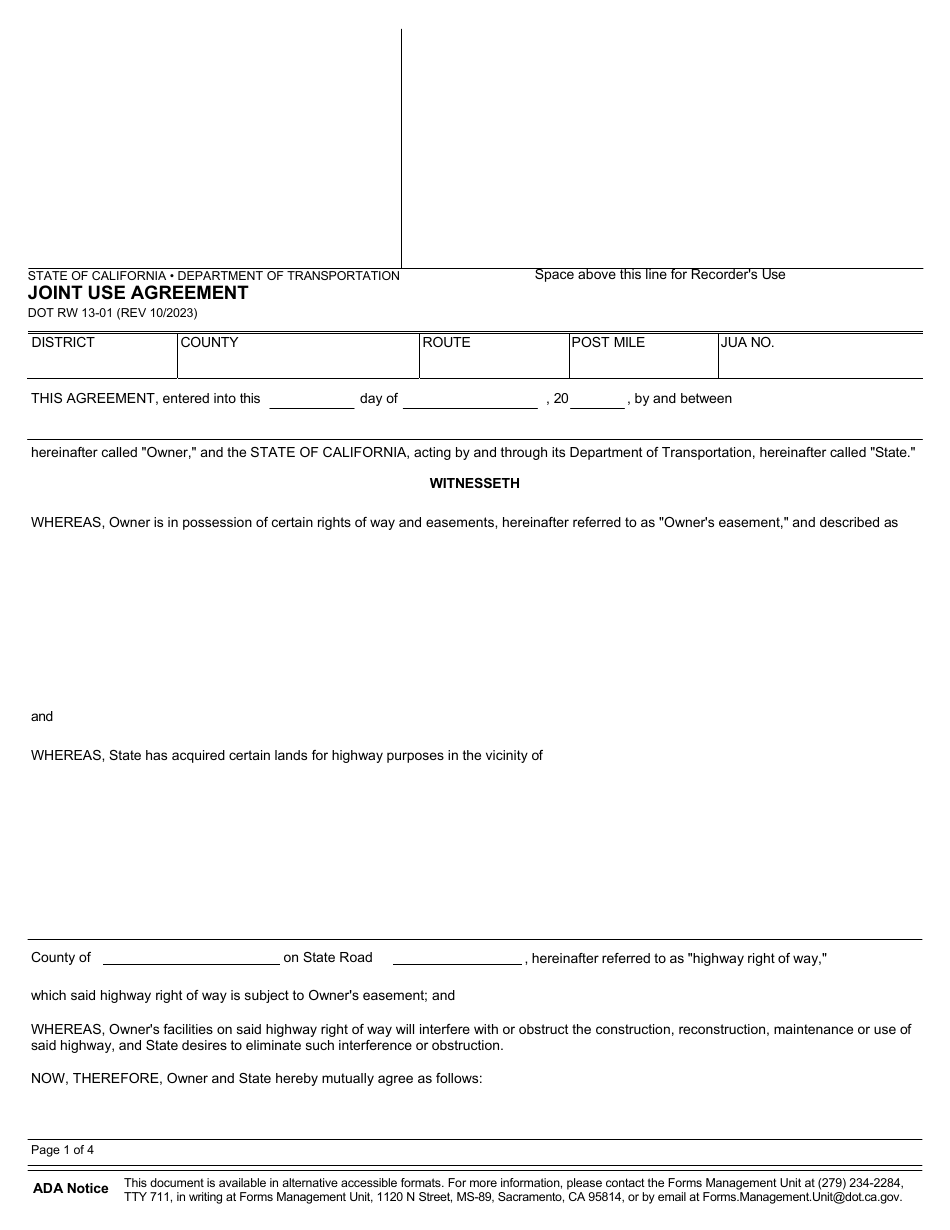 Form DOT RW13-01 Joint Use Agreement - California, Page 1
