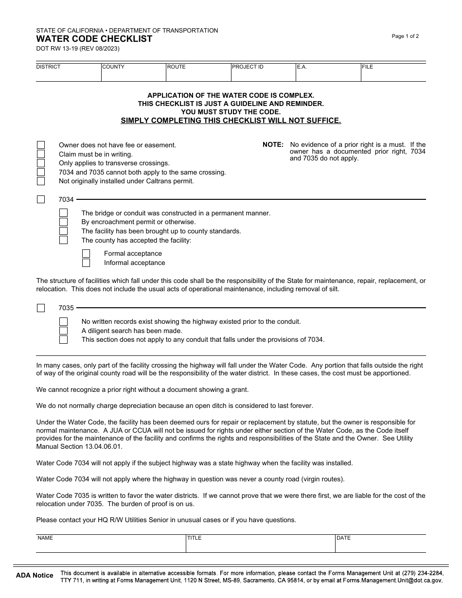 Form DOT RW13-19 Water Code Checklist - California, Page 1