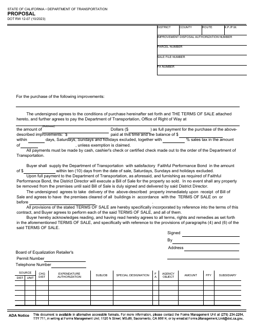 Form DOT RW12-07  Printable Pdf