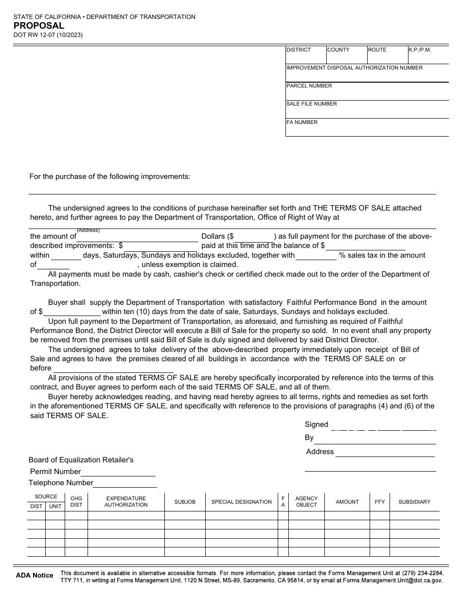 Form DOT RW12-07 Proposal - California, Page 1