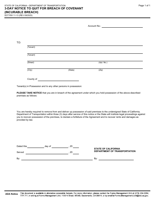 Form DOT RW11-13  Printable Pdf