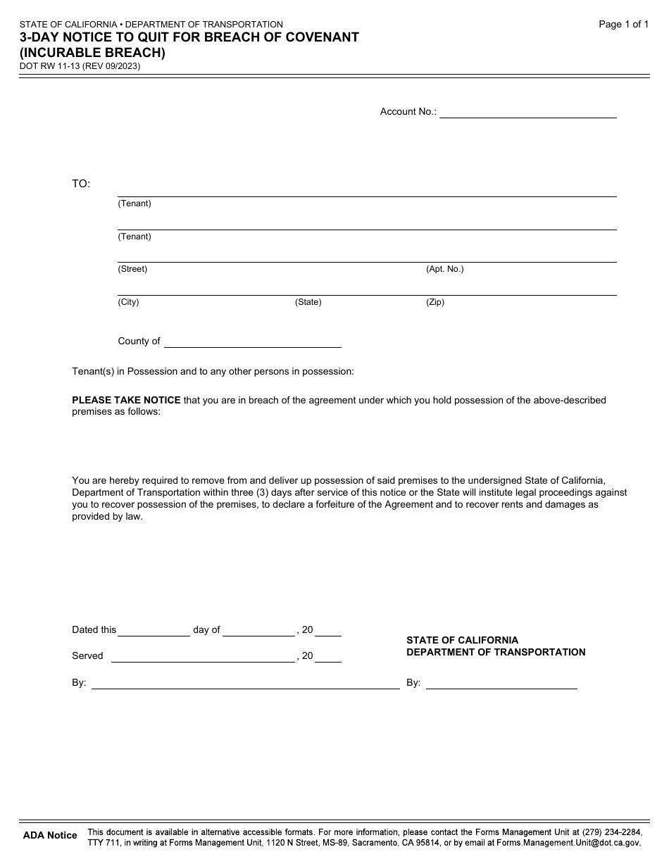 Form DOT RW11-13 3-day Notice to Quit for Breach of Covenant (Incurable Breach) - California, Page 1