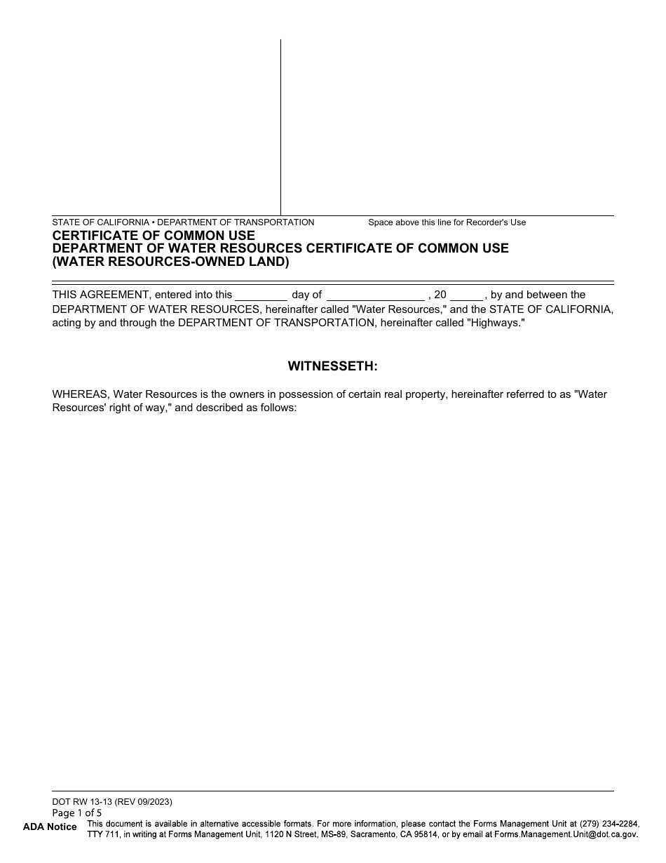 Form DOT RW13-13 Certificate of Common Use Department of Water Resources Certificate of Common Use (Water Resources-Owned Land) - California, Page 1