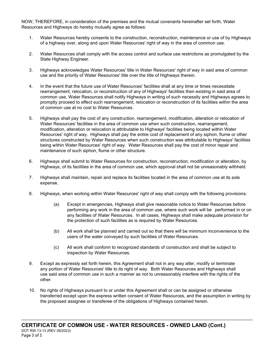 Form DOT RW13-13 Certificate of Common Use Department of Water Resources Certificate of Common Use (Water Resources-Owned Land) - California, Page 3