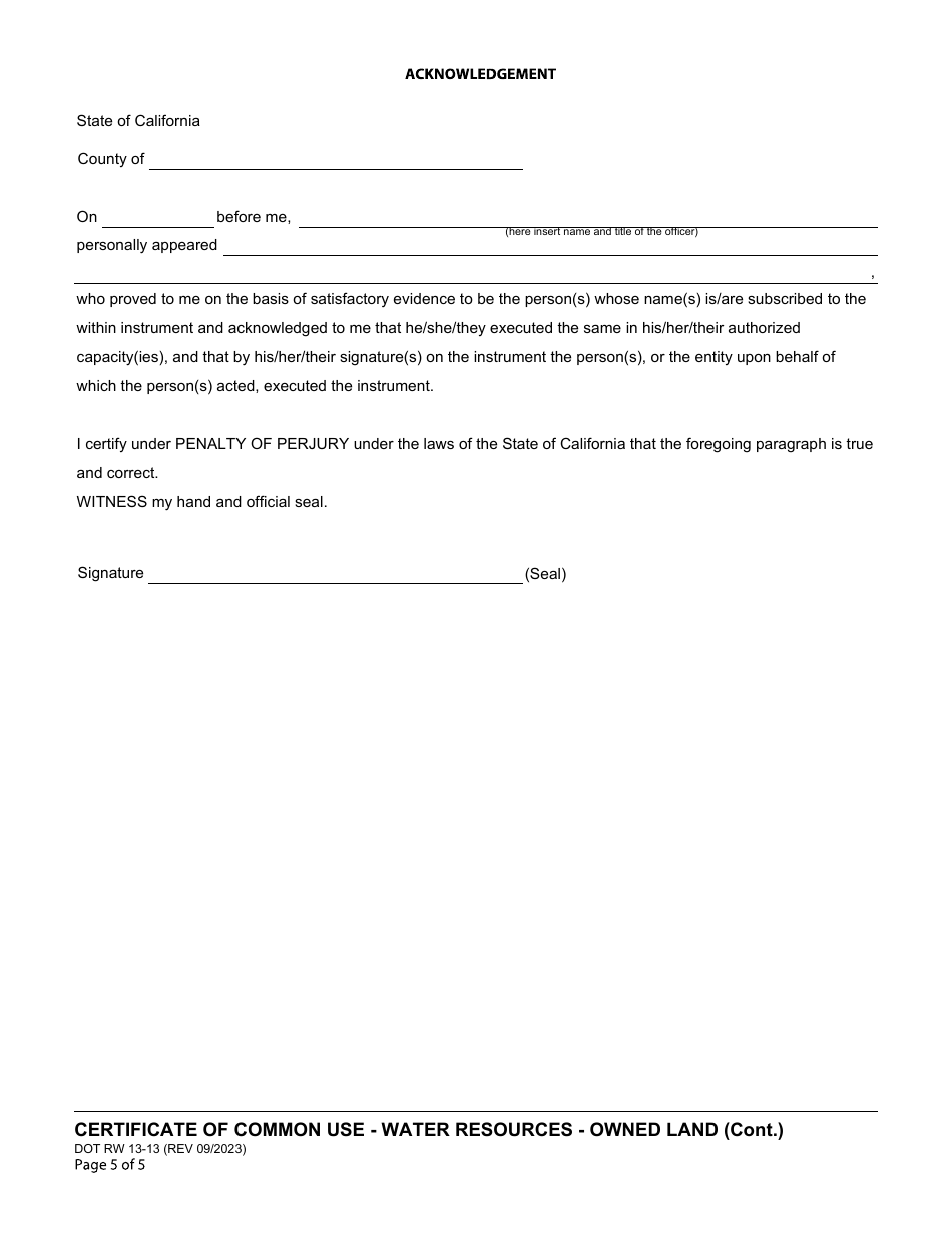 Form DOT RW13-13 Certificate of Common Use Department of Water Resources Certificate of Common Use (Water Resources-Owned Land) - California, Page 5