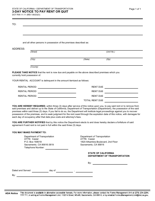 Form DOT RW11-11 3-day Notice to Pay Rent or Quit - California
