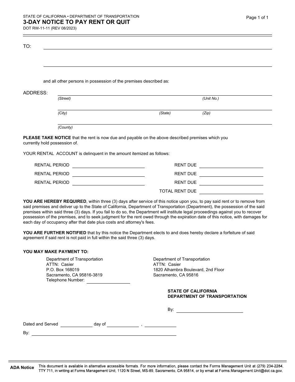 Form DOT RW11-11 3-day Notice to Pay Rent or Quit - California, Page 1