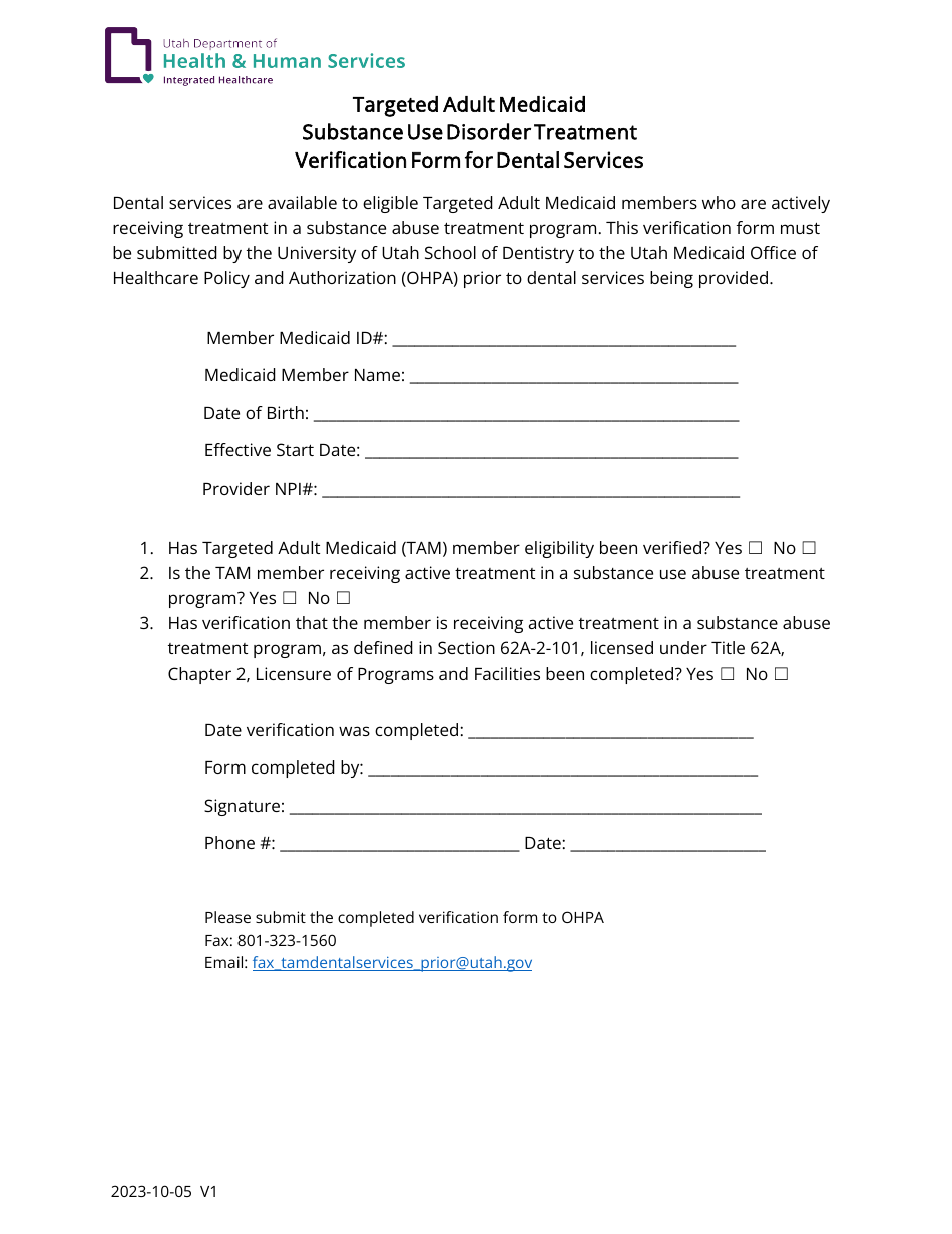 Targeted Adult Medicaid Substance Use Disorder Treatment Verification Form for Dental Services - Utah, Page 1